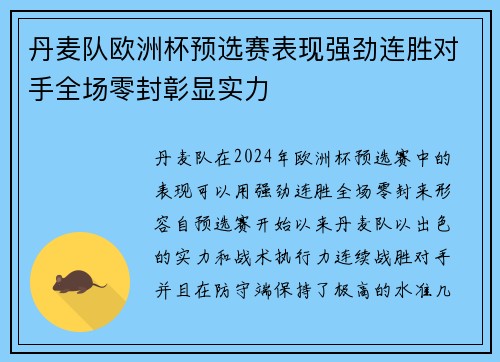 丹麦队欧洲杯预选赛表现强劲连胜对手全场零封彰显实力