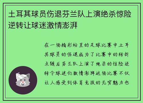土耳其球员伤退芬兰队上演绝杀惊险逆转让球迷激情澎湃