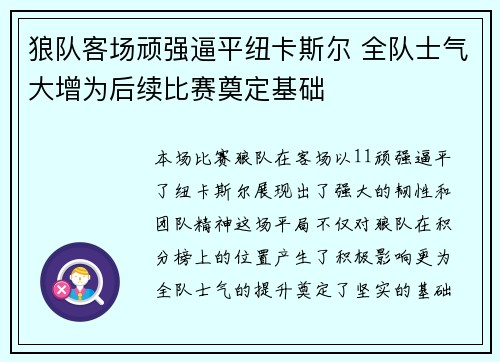 狼队客场顽强逼平纽卡斯尔 全队士气大增为后续比赛奠定基础