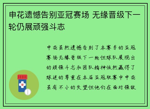 申花遗憾告别亚冠赛场 无缘晋级下一轮仍展顽强斗志